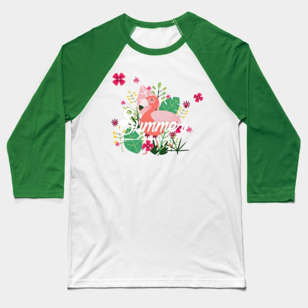 Tropical flamingo and Flowers Summertime Baseball T-Shirt by florya